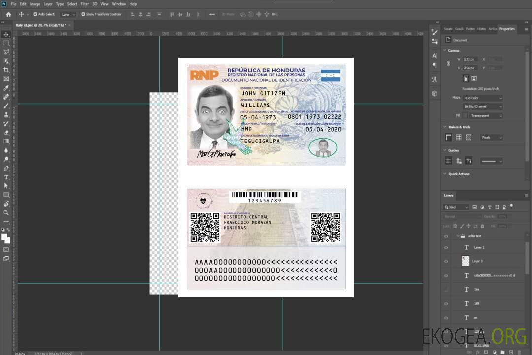 Modèle PSD de carte d'identité du Honduras, avec polices, version 2 template Modèle PSD de carte d'identité du Honduras, avec polices, version 2 template